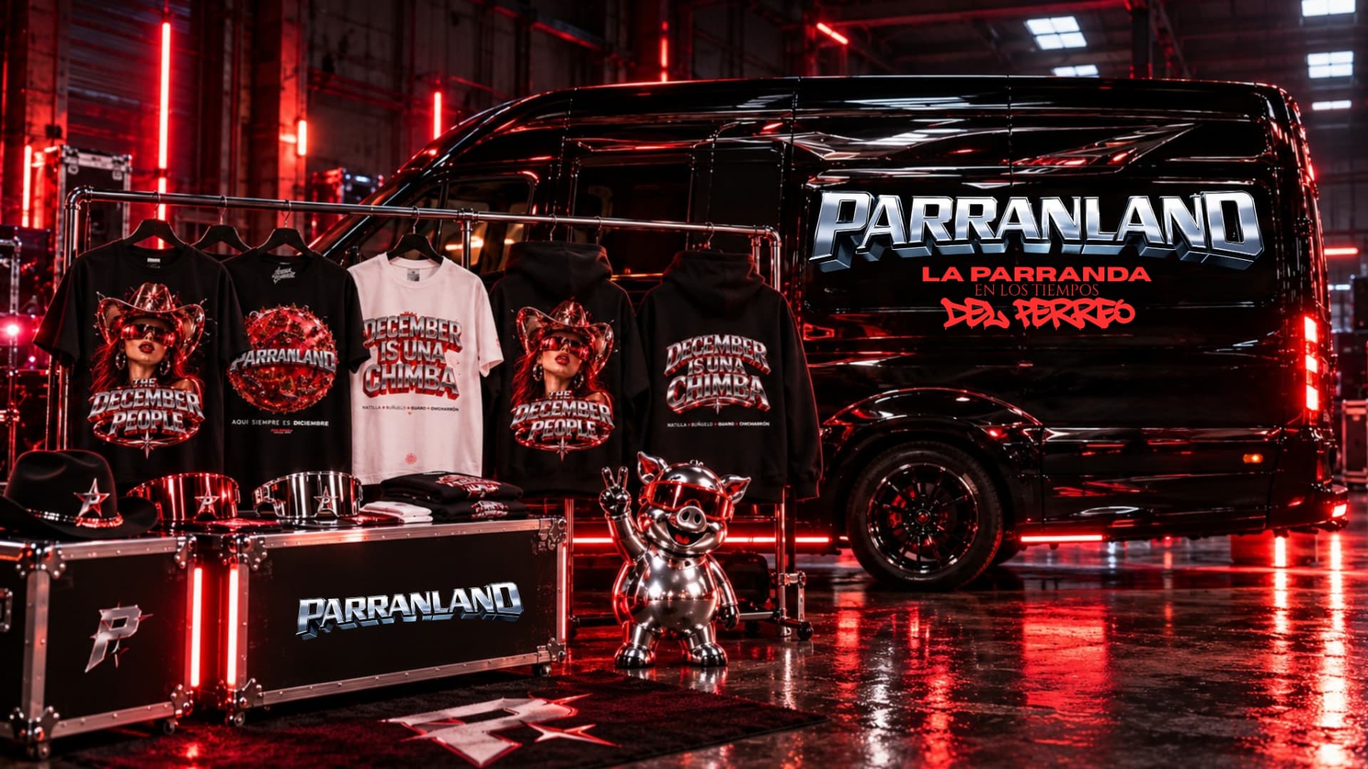 PARRANLAND VAN en el hangar junto al rack de merch oficial y PARRANO