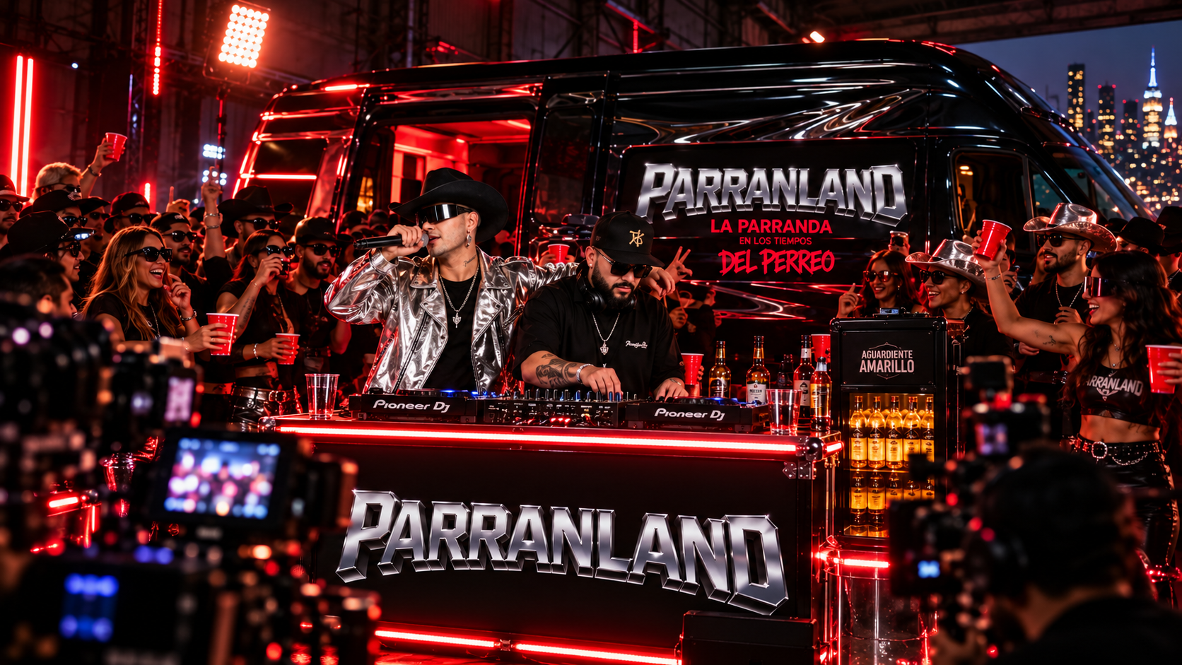 Heider González cantando junto al DJ con la PARRANLAND VAN y el público detrás