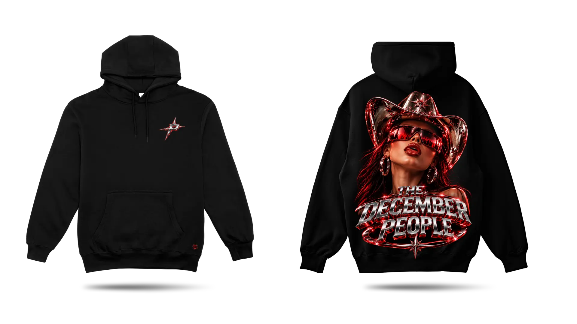 THE DECEMBER PEOPLE black hoodie, front and back