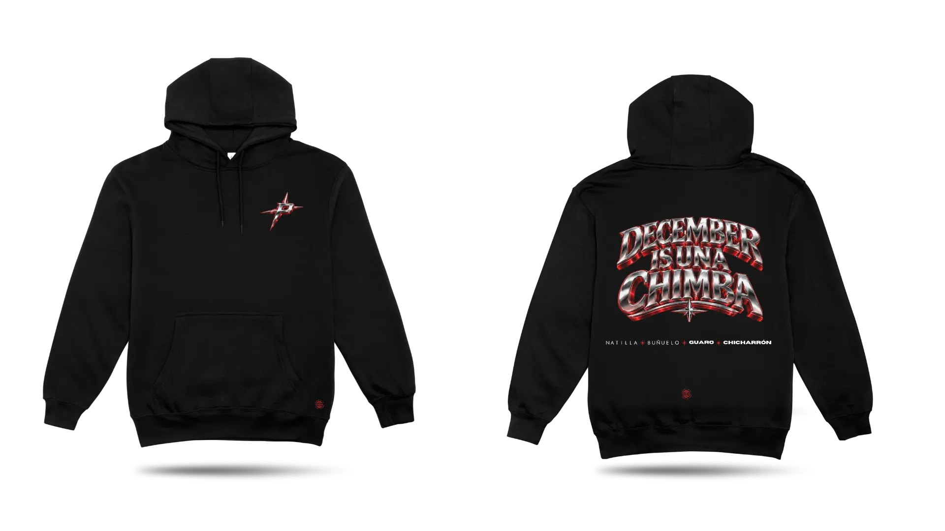 DECEMBER IS UNA CHIMBA black hoodie, front and back