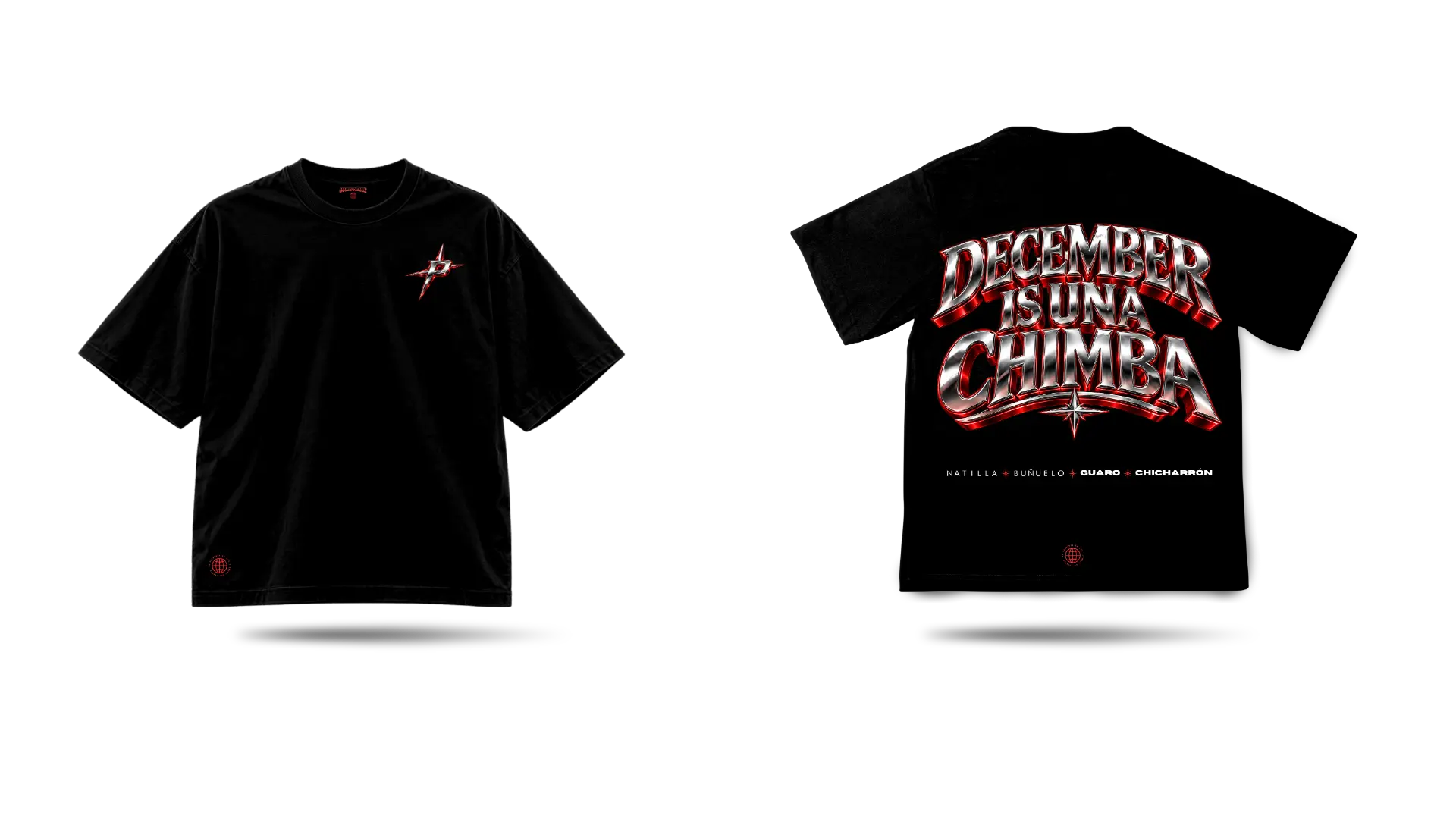 DECEMBER IS UNA CHIMBA black oversized tee, front and back
