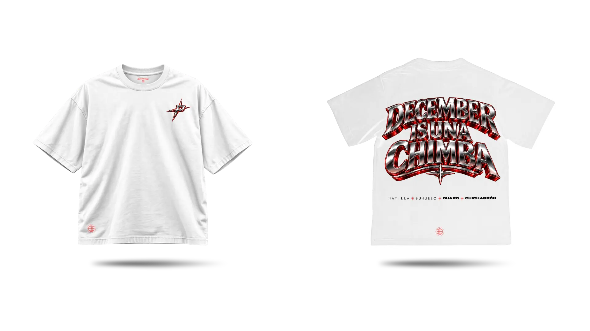 DECEMBER IS UNA CHIMBA white oversized tee, front and back
